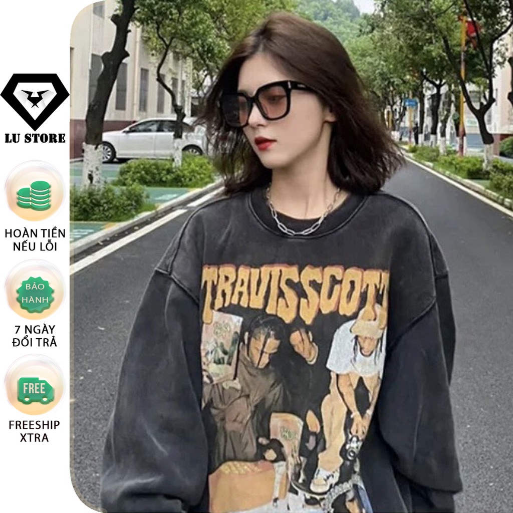 Áo hoodie nỉ bông cao cấp TRAVIS có mũ dáng rộng unisex hot trend 2021 LU STORE