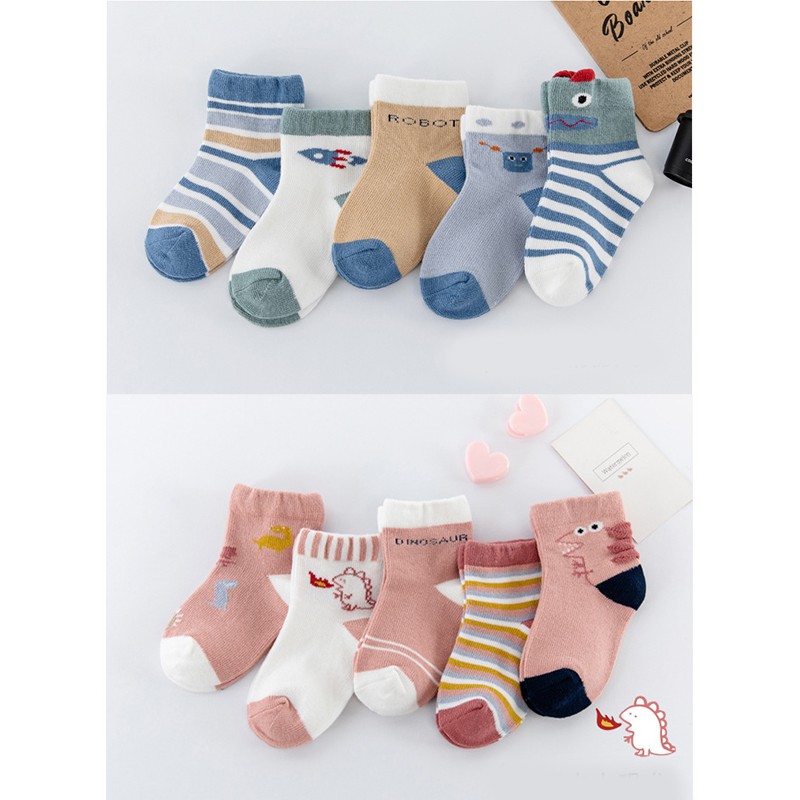 Set 5 Đôi Vớ Cotton Thoáng Khí In Họa Tiết Dễ Thương Cho Các Bé