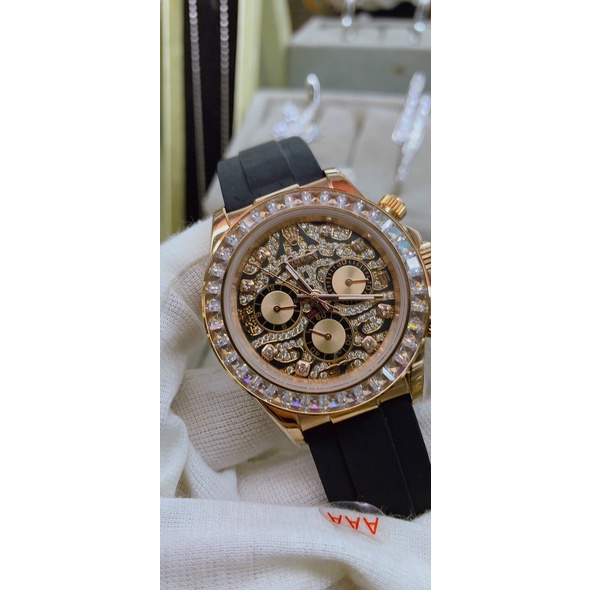 Đồng hồ nam Rolex mặt tròn vằn đính viền đá sang trọng chống nước bảo hành 24t