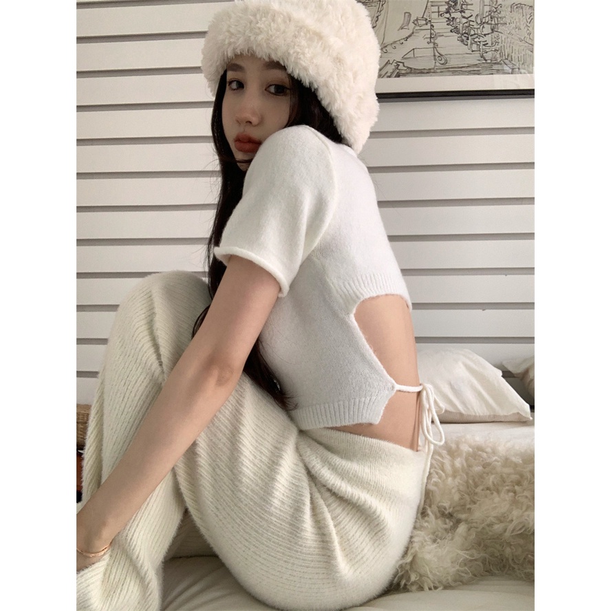 Áo Thun Đan Len Mỏng Hở Lưng Màu Trơn Thời Trang Phong Cách Hàn Quốc Cho Nữ