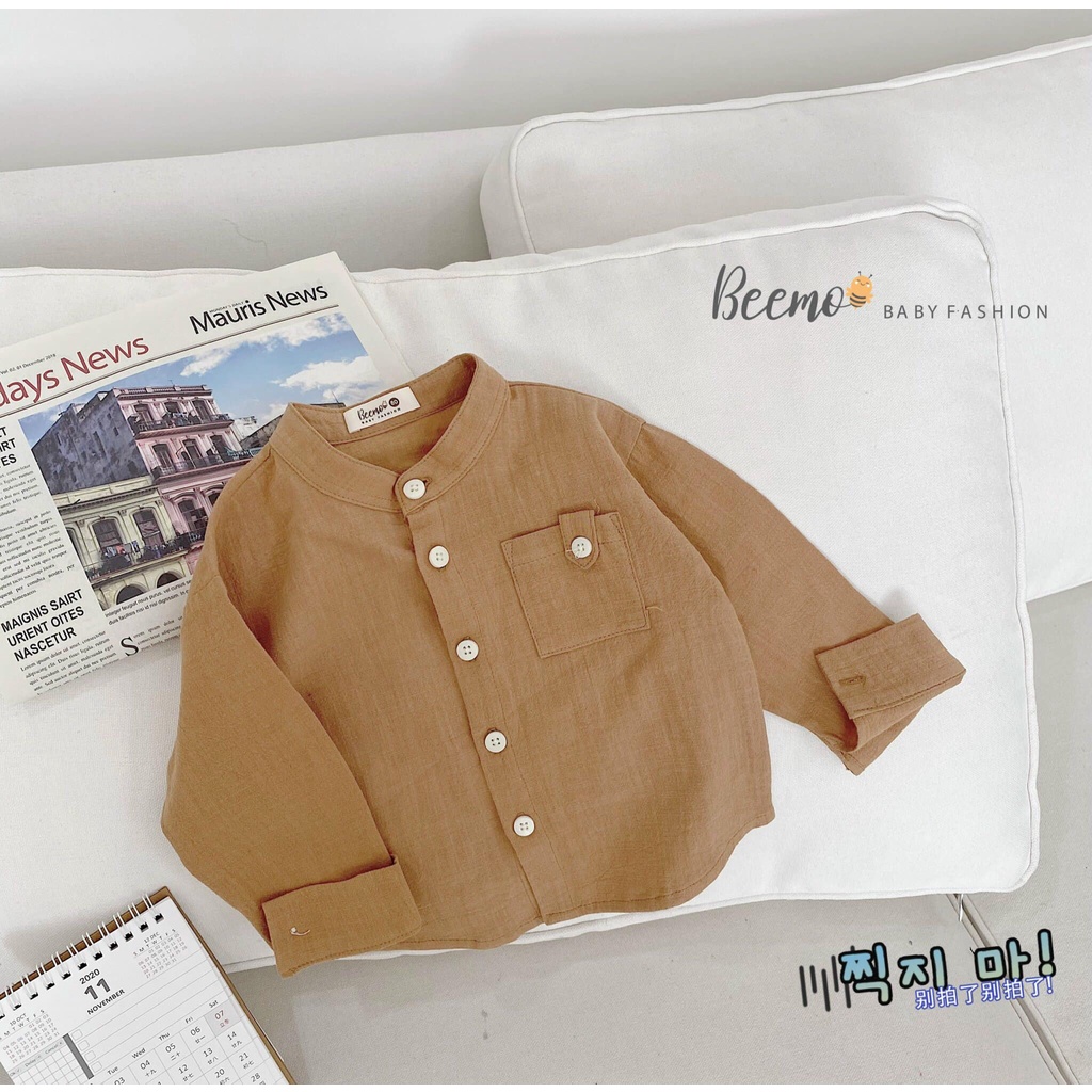 Áo sơ mi cổ tàu dài tay phối túi ngực Beemo cho bé trai