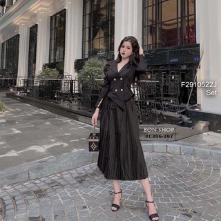 Set áo vest khuy vàng tà kiểu tay dài phồng kèm chân váy dài dập ly!