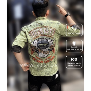 Áo sơ mi nam tay dài thêu full áo Racing Mechanic xanh lá wash mốc chất vải kaki nhật form body K3 STORE