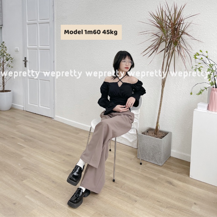 Áo trễ vai dài tay nữ dáng croptop phong cách hiện tại 2 màu đen và trắng chất thô mềm có mút ngực Wepretty Clothes | BigBuy360 - bigbuy360.vn