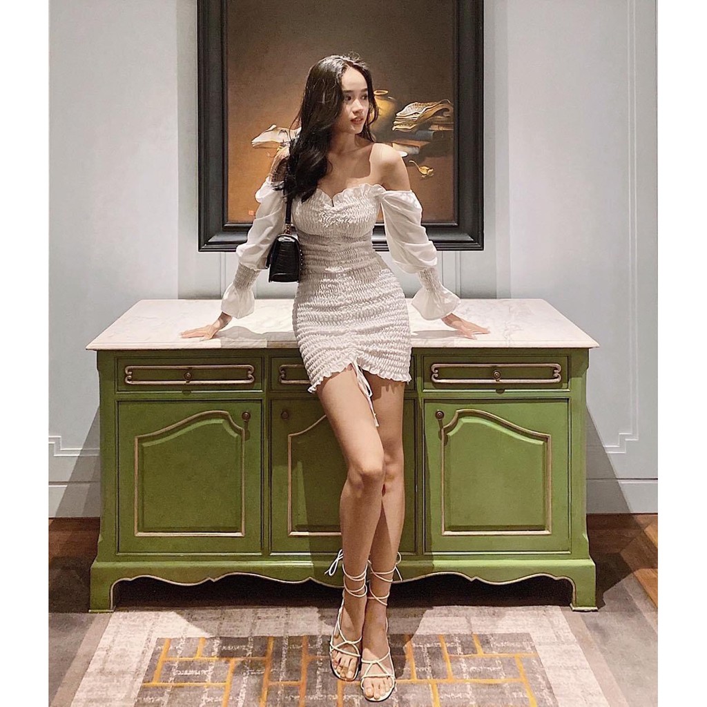 Đầm Body Nhún Eo, Mông, Ngực, Tay Phồng Dài Cổ Vuông Rút Dây - YD077320