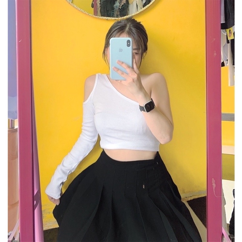 Áo cropptop tay dài khoét vai , xéo 1tay thun co giãn