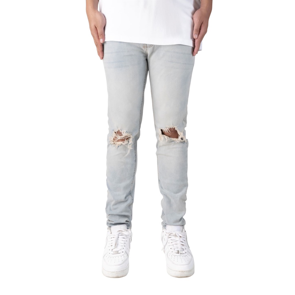 Quần jean nam streetwear cao cấp FNOS NZ8 màu xanh wash bạc rách gối form slimfit  jean co giãn | BigBuy360 - bigbuy360.vn