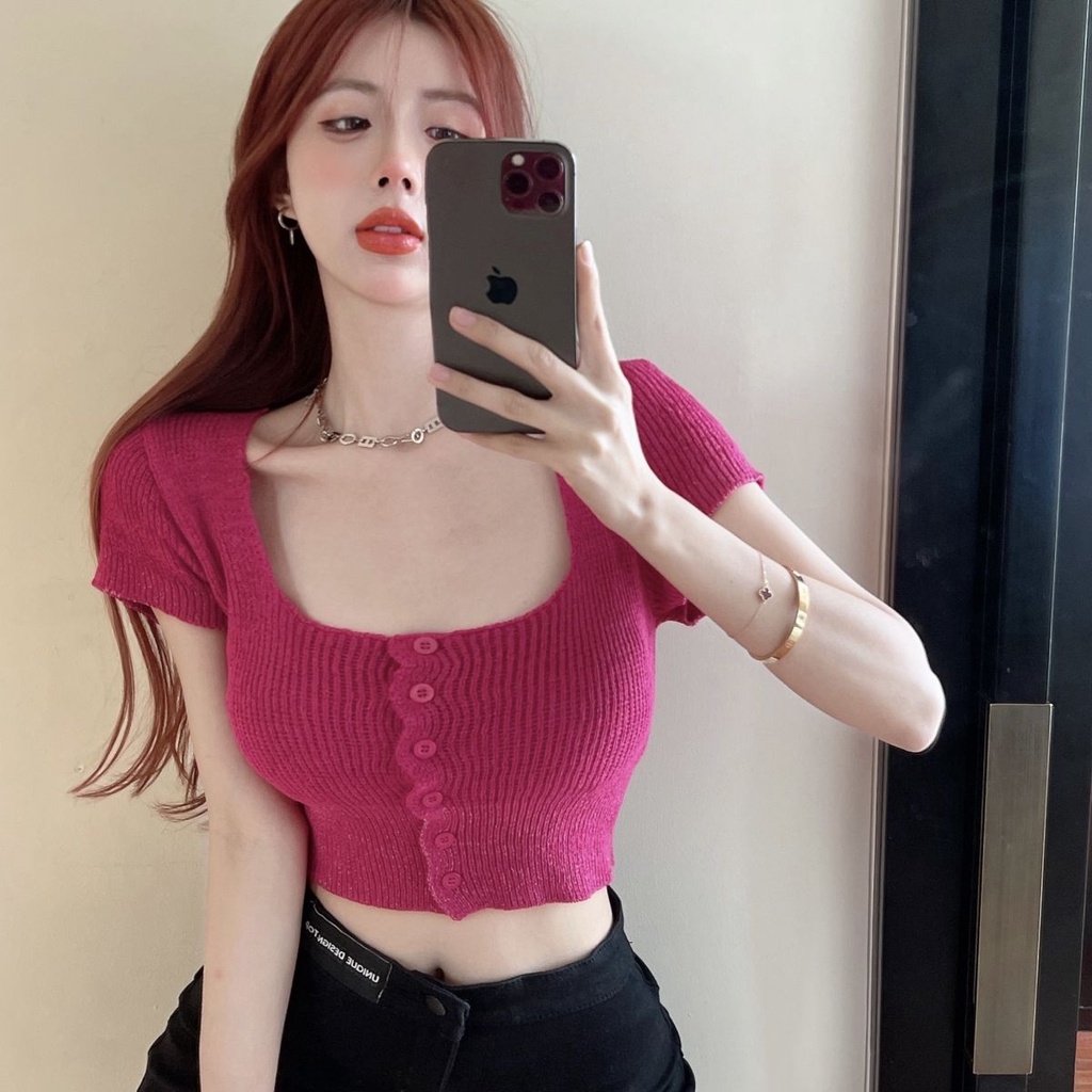Rose short-sleeved knitted cardigan girl summer thin style spicy girl square collar tight thin short style blouse bottom blouse