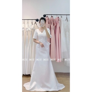 Váy dài phi cổ V suông đuôi cá nơ đan lưng - Váy đi bàn đơn giản