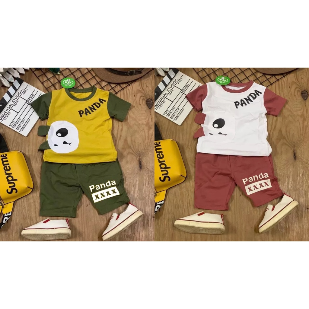 🍒 Combo 2 bộ đồ thun cotton trẻ em áo cổ tròn tay ngắn phối túi gấu trúc và quần ngắn Panda nhiều màu
