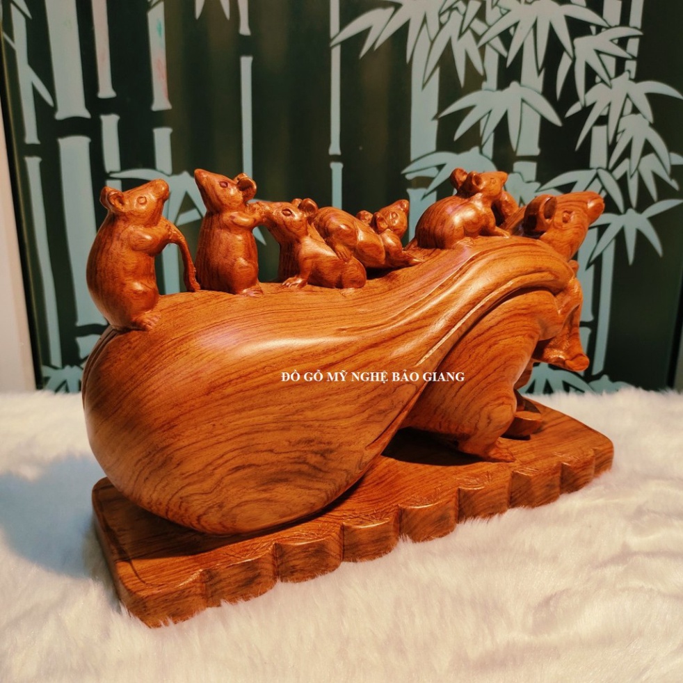 Tượng đàn chuột tài lộc gỗ hương dài 30 rộng 12 cao 19 cm