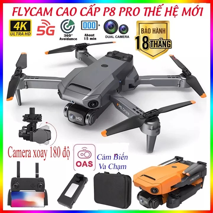 Flycam drone P8 Pro, Máy bay điều khiển từ xa Camera 4K HD kết nối wifi qua Smart phone, trang bị cảm biến va chạm 4 chi