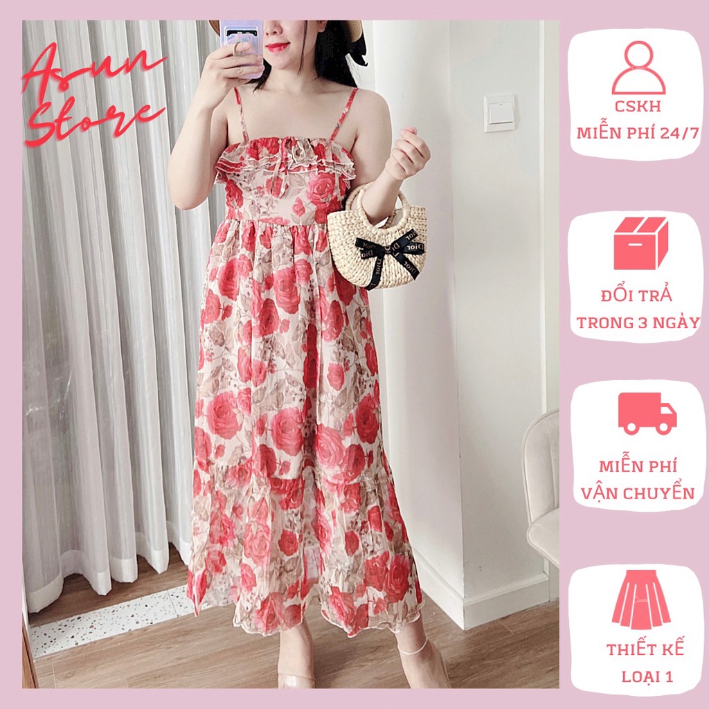 Đầm maxi hoa đi biển hai dây👗clip + ảnh thật👗 voan tơ mềm mịn dáng dài