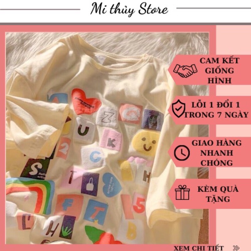 (Sẵn) Áo thun Quảng Châu dáng rộng tay lỡ in nổi mẫu chữ hình cute ngộ nghĩnh