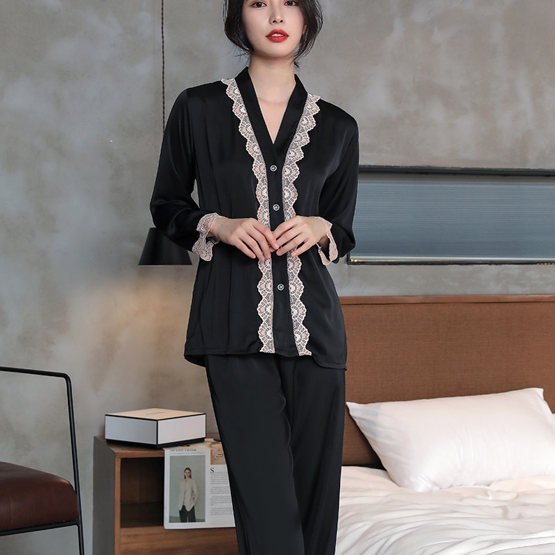 Bộ Đồ Ngủ Tay Dài Vải Lụa Phối Ren Thời Trang Sang Trọng Quyến Rũ Cho Nữ