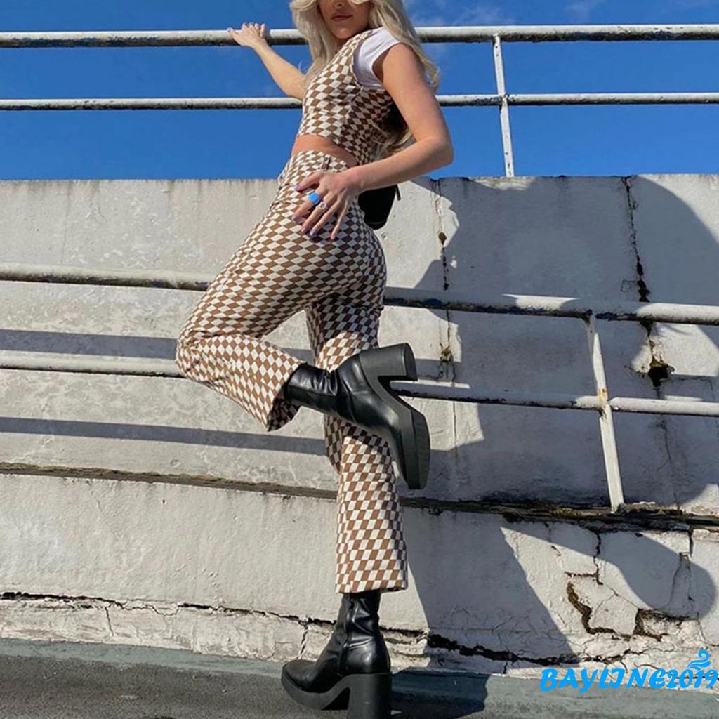 BAY-Quần dài lưng cao dáng rộng kẻ sọc caro/hoa/ngựa vằn 3 màu giản dị mùa xuân cho nữ