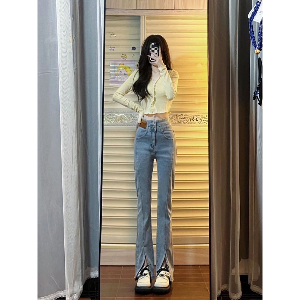 Porozi Quần jean  lưng cao ống rộng thời trang Hàn Quốc cá tính dành cho nữ