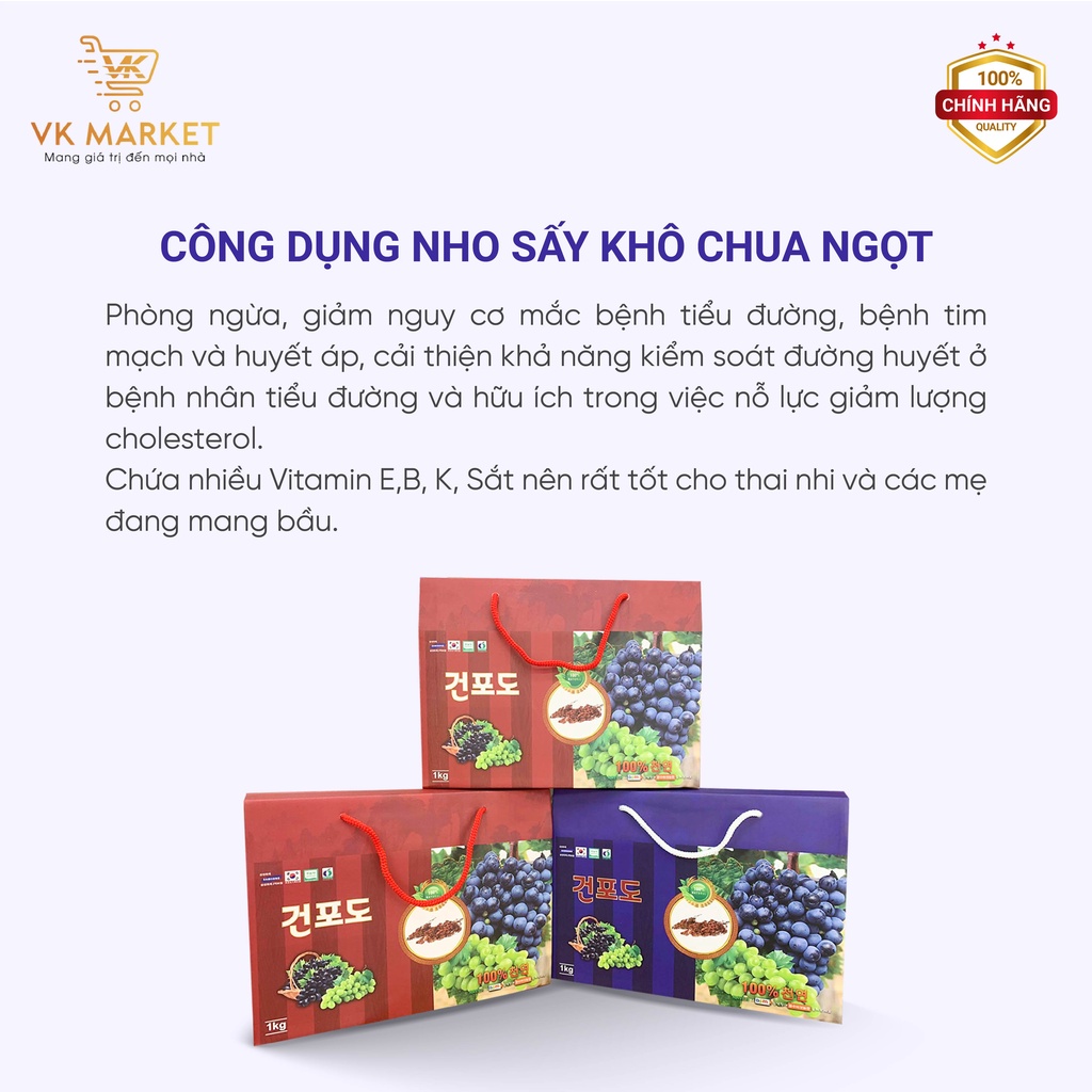 Nho sấy khô chua ngọt Hàn Quốc dẻo, không hạt thơm ngon hộp 1kg