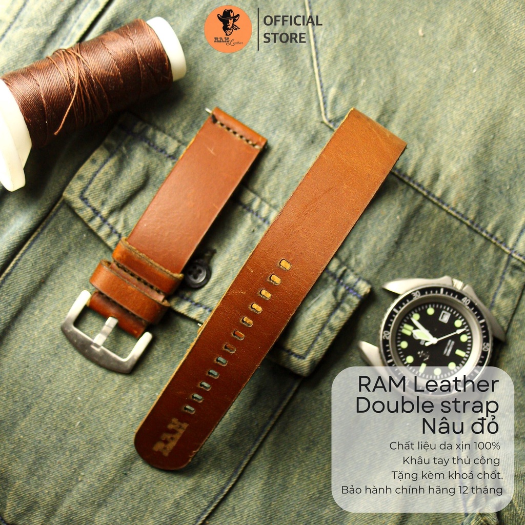 Dây Đồng Hồ Đôi Double Strap Nâu Đỏ Da Bò Thật Bền Đẹp Cao Cấp - Chính Hãng RAM May Tay Thủ Công Tỷ Mỹ