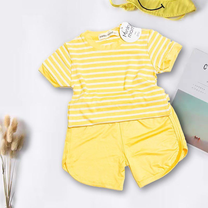 [Bé 7-27kg] Bộ tay ngắn quần đùi thun lạnh sọc dệt MINKY MOM cho bé trai bé gái từ 7-27kg