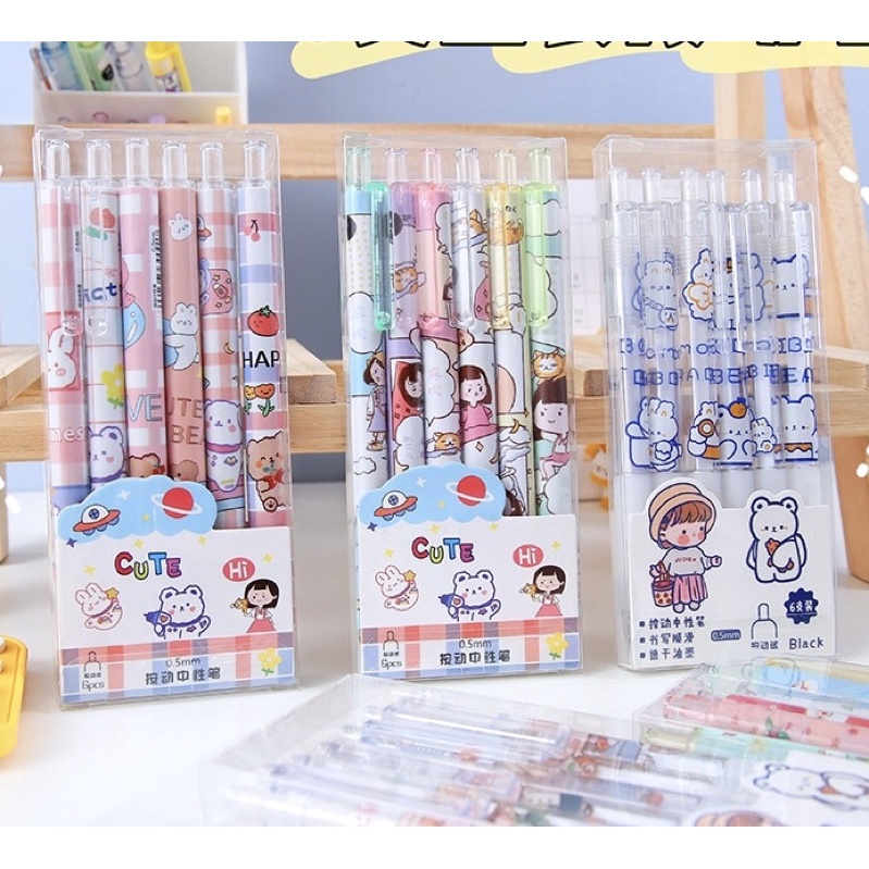 Set 6 Bút Bi Mực Đen Ngòi 0.5Mm hoạ tiết hoạt hình dễ thươngng ơi