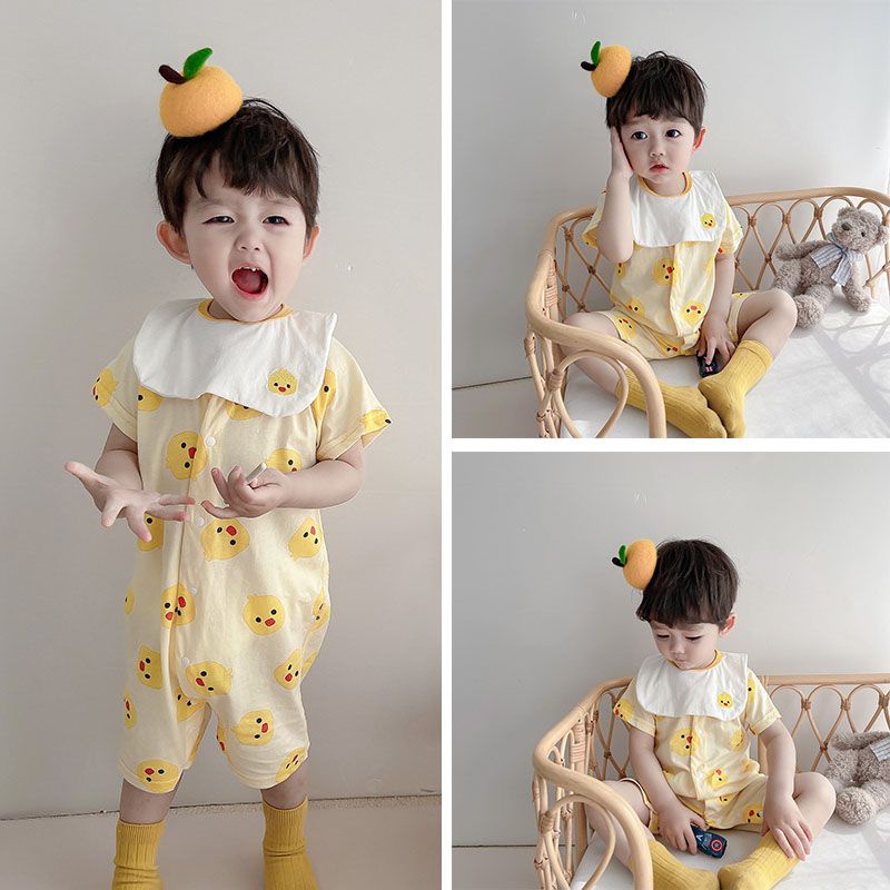 Bộ Đồ Ngủ Áo Liền Quần Tay Ngắn Chất Liệu Cotton Mỏng In Họa Tiết Hoạt Hình Thời Trang Mùa Hè Cho Bé