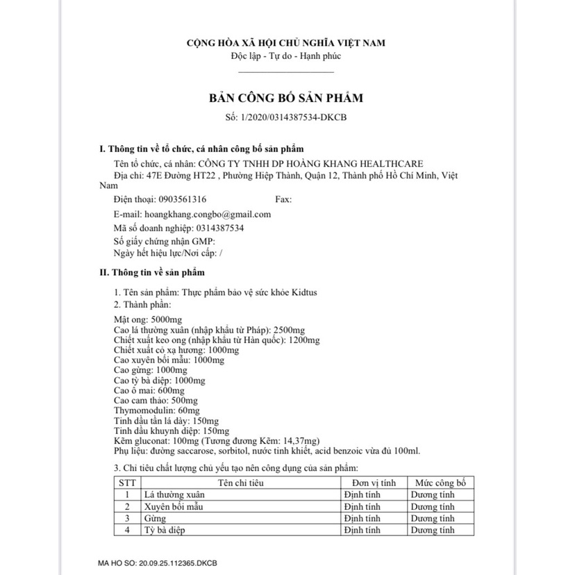 SIRO HO KIDTUS Chai 100ml