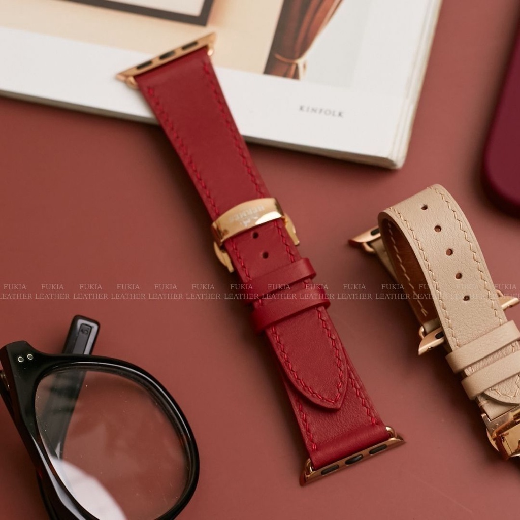 Dây da thủ công Swift Đỏ dành cho Apple Watch, đồng hồ thông minh, đồng hồ cơ