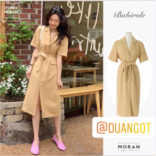 (ORDER) Váy sơ mi cổ Vest thắt nơ eo xẻ tà màu vàng nhạt style MORAN công sở thanh lịch trẻ trung Hàn Quốc (NEW_HOT)