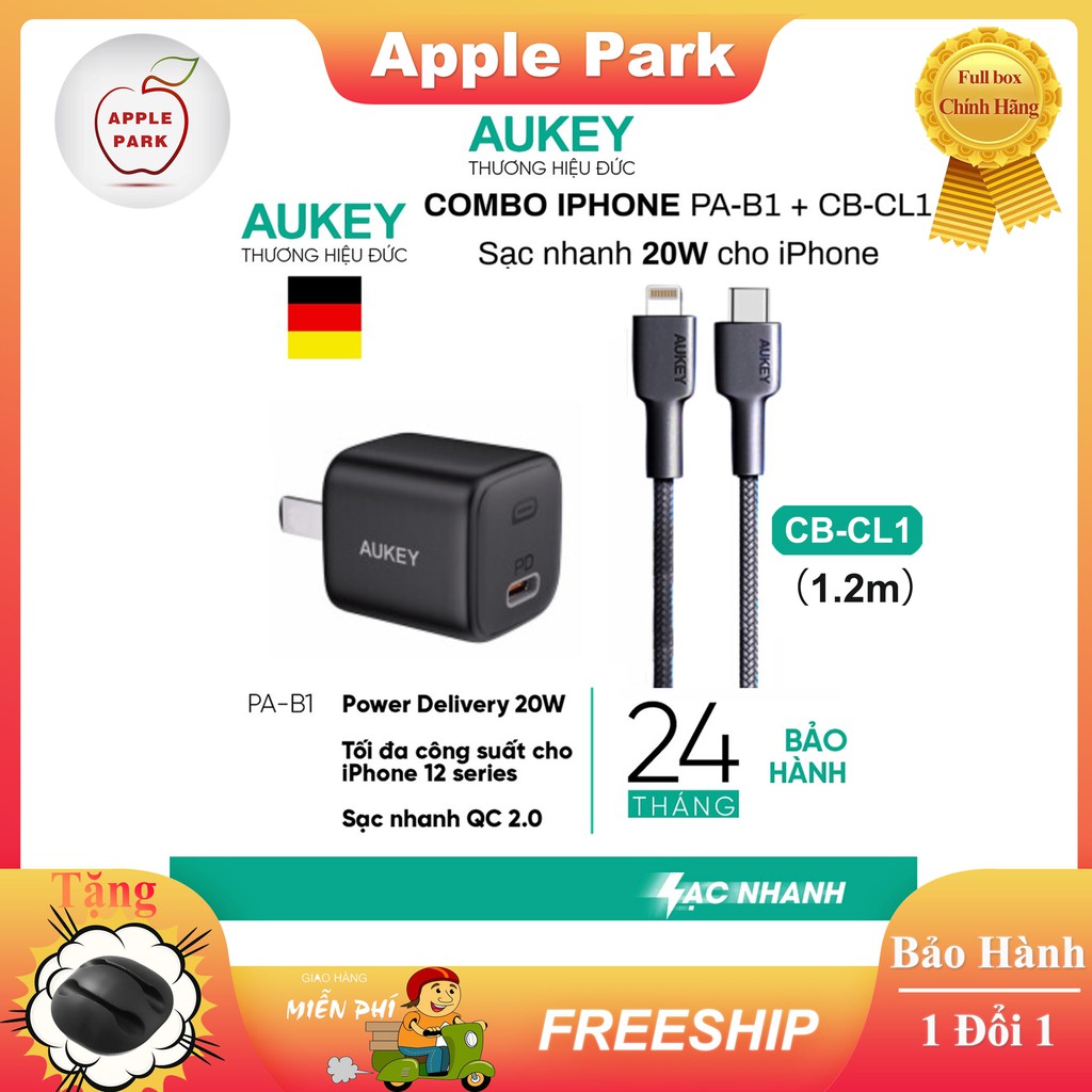 Cốc Sạc Nhanh Aukey 20W PA-B1, PA-F3S 32W PD 20W+12W,Cáp Sạc Nhanh CB-CL1(1.2m) Sạc Nhanh 2 Trong 1 iPhone PD 20W+QC 3.0