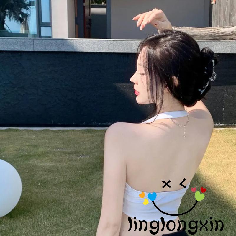 ♧Fh♂Áo Lửng Hai Dây Cổ Yếm Hở Lưng Màu Sắc Trơn Cho Nữ