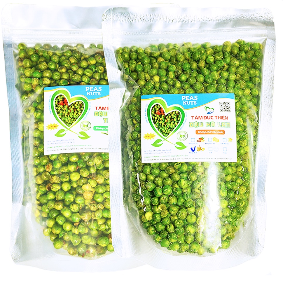 Combo 1KG 2 Vị: Đậu Hà Lan Rang Tỏi Ớt và Rang Muối Tâm Đức Thiện (2 x Túi 500GR)