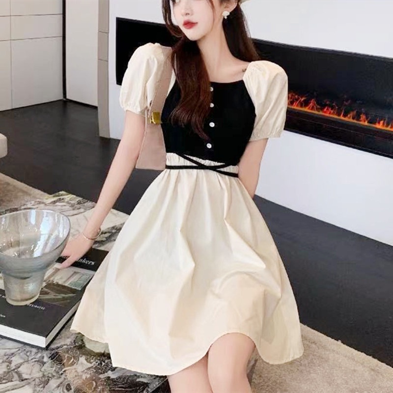 Đầm Công Chúa Dáng Chữ A Cổ Vuông Eo Cao In Họa Tiết Phong Cách Phương Tây Dành Cho Nữ
