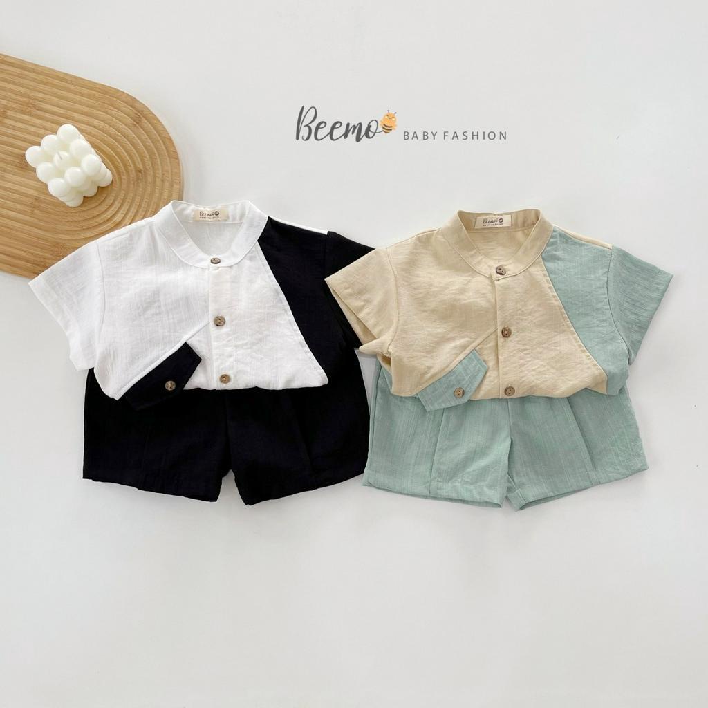 Set sơ mi phối tay thân chéo cá tính cho bé trai(9-23kg)
