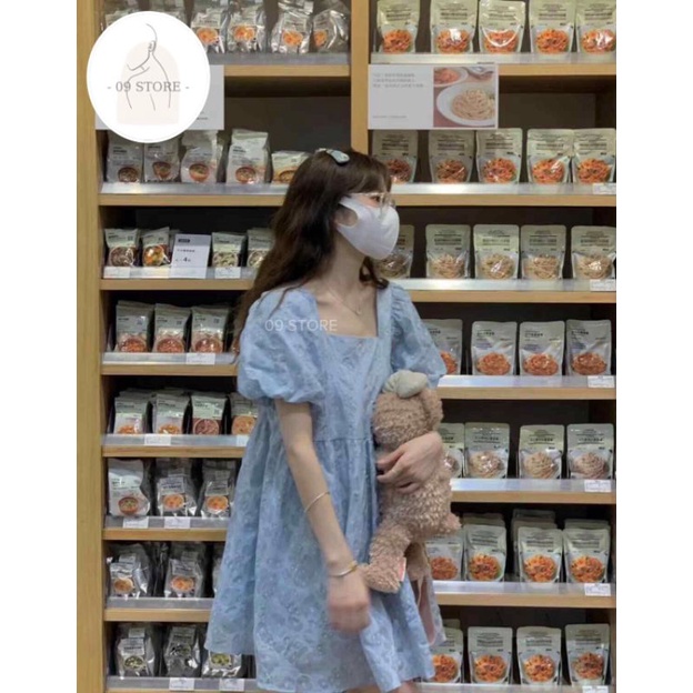 Đầm babydoll, váy xòe tay phồng xanh pastel phong cách loli