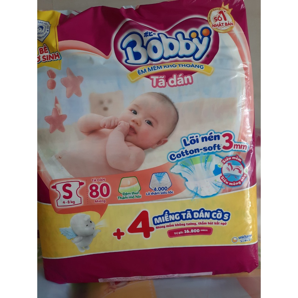 Bĩm dán bobby,tã dán sơ sinh siêu thấm bobby đủ size xs70 s56 s80  tặng kèm thêm miếng mẫu mới lõi nén thần kỳ