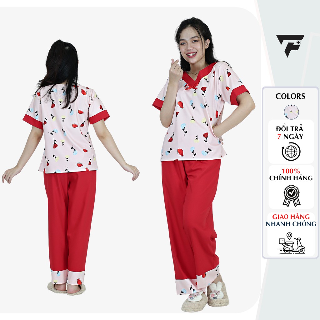 Bộ pijama đồ ngủ lụa tiểu thư quần dài tay ngắn họa tiết nơ dễ thương FPLUS 305
