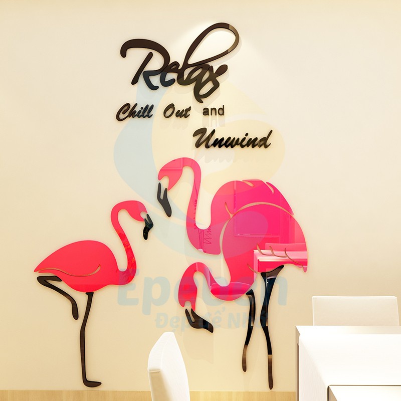 Tranh dán tường mica 3d decor khổ lớn Relax time hạc hồng trang trí spa, phòng ngủ, nail Nhiều Size - EPeBen