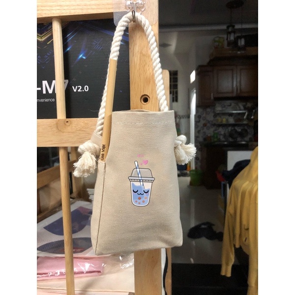 TÚI BÌNH NƯỚC, LY NƯỚC MÀU NUDE VẢI CANVAS IN HÌNH BOTTLE BAG, CUP BAG
