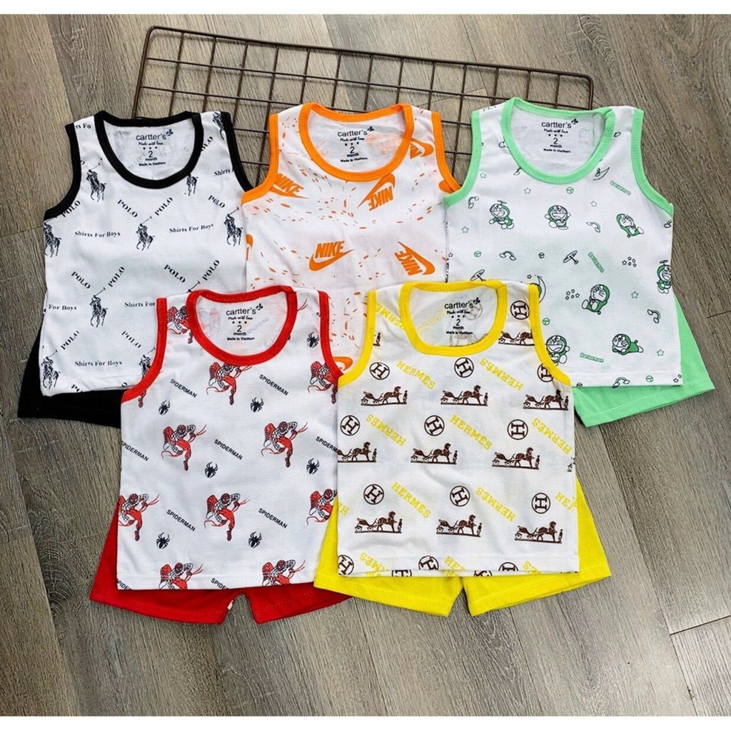 Set 5 bộ quần đùi áo sát nách cotton 2 chiều họa tiết Doremon cho bé từ 5 đến 16kg