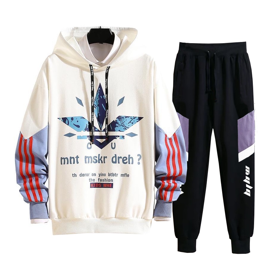 Set Bộ 2 Món Quần Dài + Áo Hoodie Nón Nam Nữ Unisex Chất Vải Nỉ CB2_MQU076THDEF6_WAH054NO (Dọc Tím Mula + Chữ Kids Whe)