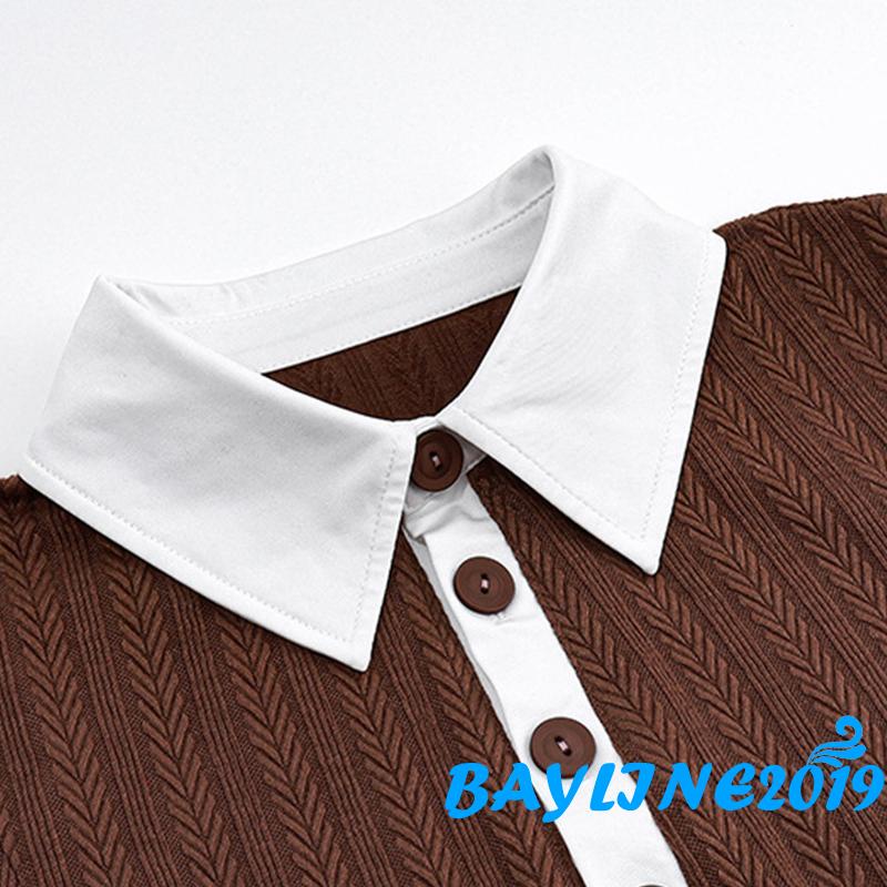 Đầm Dệt Kim Ngắn Tay Ôm Dáng Xẻ Tà Cài Nút Màu Sắc Tương Phản Cho Nữ