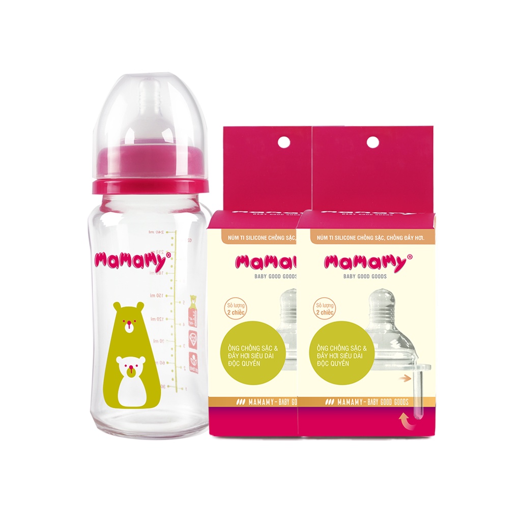 Bình sữa thuỷ tinh và 2 hộp núm ti chống sặc và đầy hơi Mamamy bảo vệ hệ tiêu hóa cho bé 240ml