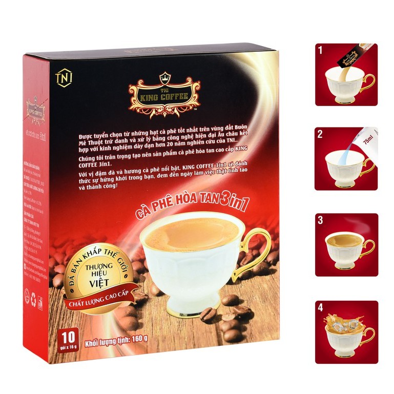 Cà Phê Hòa Tan 3IN1 KING COFFEE - Hộp 10 gói x 16g - Từ hạt café Arabica và Robusta