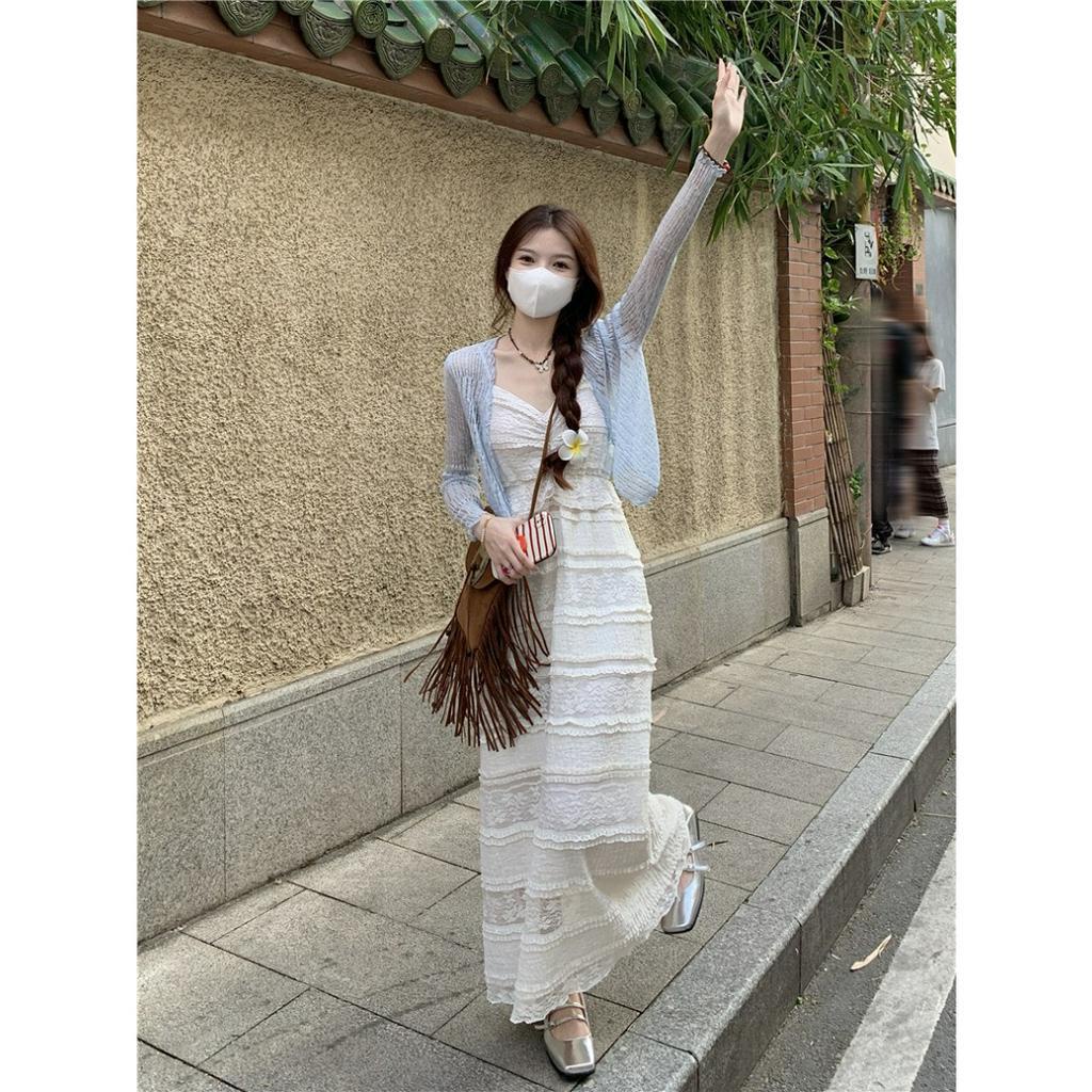 Đầm váy maxi hai dây kèm áo khoác, đầm 2 dây phối khoác cadigan mỏng màu xanh nhẹ nhàng cho nàng đi chơi đi biển
