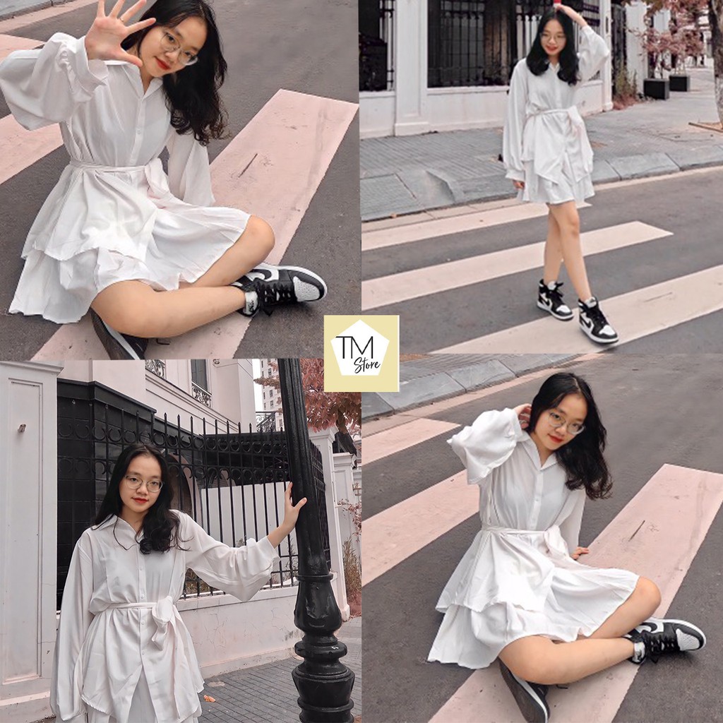 Set váy nữ chân váy - quần đùi, áo sơ mi kèm đai buộc, bộ đồ nữ hack dáng, tạo eo thon gọn vải đũi mát | BigBuy360 - bigbuy360.vn