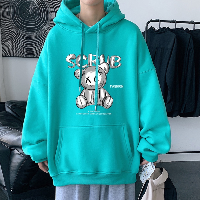 Áo hoodie AOKANG dáng rộng in hình gấu kiểu Hồng Kông thời trang xuân thu cho nam