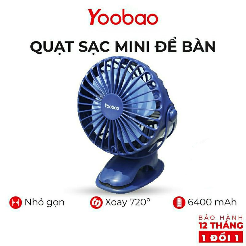 Quạt mini để bàn tích điện Yoobao 6400mAh chân kẹp, xoay góc 720 độ, kẹp xe đẩy, 32 tiếng