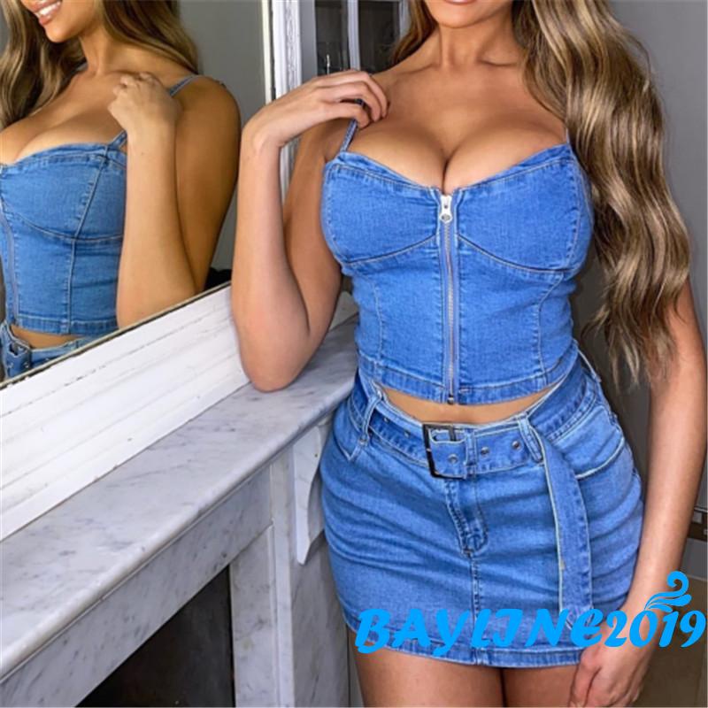 Đầm Denim Hai Dây Hở Lưng Phối Khóa Kéo Trước Thời Trang Mùa Hè Quyến Rũ Cho Nữ