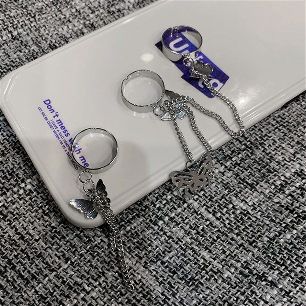 Bộ 2 Nhẫn Hở Hình Bướm Phối Dây Xích Phong Cách Punk Cổ Điển Thời Trang Cho Nữ